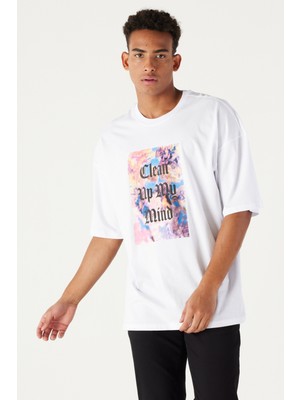 Altınyıldız Classics Erkek Beyaz Oversize Bol Kesim Bisiklet Yaka %100 Pamuk Baskılı Tişört