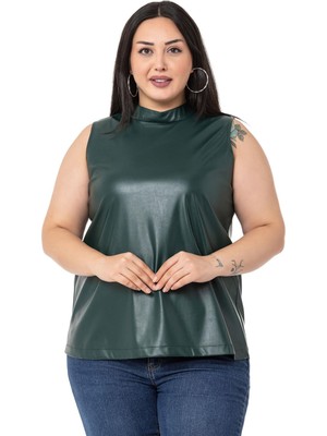 Disentis Modest Büyük Beden Dik Yaka Kolsuz Deri Haki Bluz