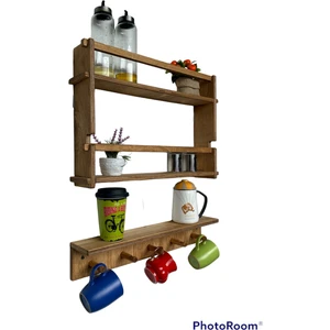 Ahşap Askılı Duvar Rafı ve Montessori Kitaplık, Mutfak ve Banyo Rafı 3'lü 55 cm Teak rengi