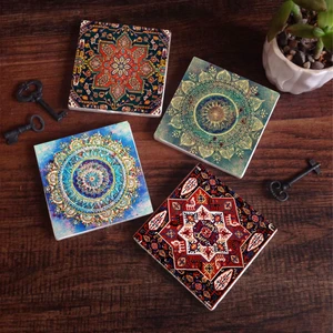 Pinecone Stone Mandala, Desen Taş Bardak Altlığı – 4’lü Set, 10x10 cm Dekoratif Masaüstü Koruyucu Doğaltaş Altlık |SC503|