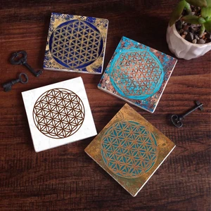 Yaşam Çiçeği Taş Bardak Altlığı Masaüstü Koruyucu Altlık 4 Parça Set 10x10cm Stone Coasters SC504