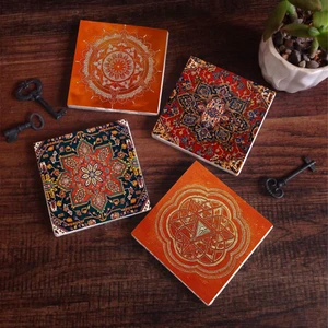 Pinecone Stone Desen, Sri Yantra, Mandala Taş Bardak Altlığı – 4’lü Set, 10x10 cm Dekoratif Masaüstü Koruyucu Doğaltaş Altlık |SC307|