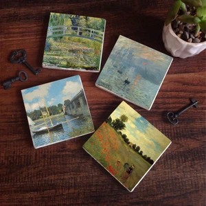 Claude Monet Argenteuil'de Köprü, Gelincikler, İzlenim Gün Doğumu, Nilüfer Gölü Taş Bardak Altlığı Masaüstü Koruyucu Altlık 4 Parça Set 10x10cm Stone Coasters SC527