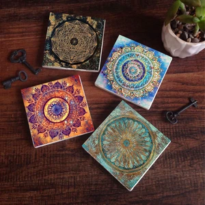 Stone Mandala, Sri Yantra, Yaşam Çiçeği Taş Bardak Altlığı – 4’lü Set, 10x10 cm Dekoratif Masaüstü Koruyucu Doğaltaş Altlık |SC164|
