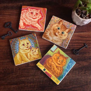 Pinecone Stone Louis Wain Kediler Taş Bardak Altlığı – 4’lü Set, 10x10 cm Dekoratif Masaüstü Koruyucu Doğaltaş Altlık |SC214|