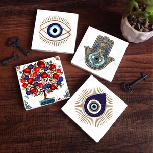 Nazar, Nar Ağacı, Fatma Ana Eli (Hamsa) Taş Bardak Altlığı Masaüstü Koruyucu Altlık 4 Parça Set 10x10cm Stone Coasters SC409