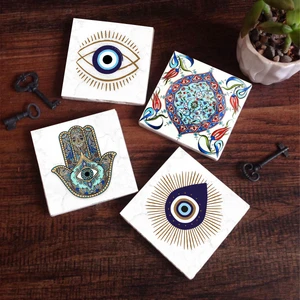 Pinecone Stone Nazar, Çini Sanatı, Fatma Ana Eli (Hamsa) Taş Bardak Altlığı – 4’lü Set, 10x10 cm Dekoratif Masaüstü Koruyucu Doğaltaş Altlık |SC410|