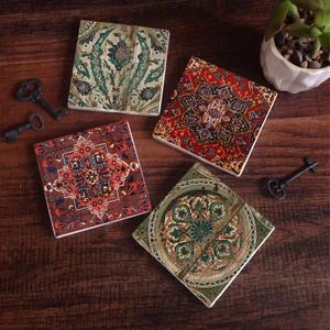 Desen, Vintage Desen Taş Bardak Altlığı Masaüstü Koruyucu Altlık 4 Parça Set 10x10cm Stone Coasters SC229