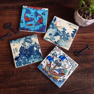 Pinecone Stone Japon Sanatı, Fuji Dağı, Çini Sanatı Balık, Yelkenli Gemi Taş Bardak Altlığı – 4’lü Set, 10x10 cm Dekoratif Masaüstü Koruyucu Doğaltaş Altlık |SC446|