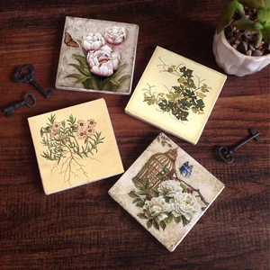 Stone Vintage Çiçek, Kelebekli Çiçek Taş Bardak Altlığı – 4’lü Set, 10x10 cm Dekoratif Masaüstü Koruyucu Doğaltaş Altlık |SC292|