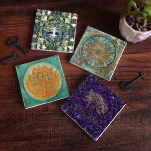 Hayat Ağacı, Lotus Çiçeği, Yaşam Çiçeği Taş Bardak Altlığı Masaüstü Koruyucu Altlık 4 Parça Set 10x10cm Stone Coasters SC493