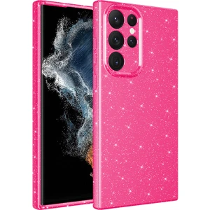 Case 4U Samsung Galaxy S22 Ultra Kılıf Kamera Korumalı Simli Lüks Koton Kapak Koyu Pembe