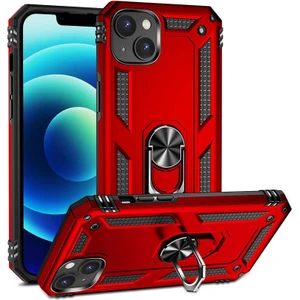 Apple iPhone 15 ile Uyumlu Kılıf Tam Koruma Yüzüklü Standlı Tank Gövdeli Telefon Kılıfı Kapak Kırmızı