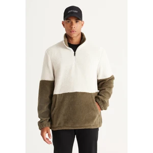 Altınyıldız Classics Erkek Bej-haki Standart Fit Dik Bato Yaka Kanguru Cepli Çift Renkli Sherpa Polar Sweatshirt