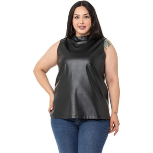 Disentis Modest Büyük Beden Dik Yaka Kolsuz Deri Siyah Bluz