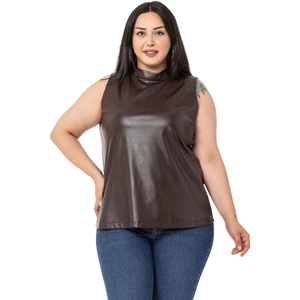 Disentis Modest Büyük Beden Dik Yaka Kolsuz Deri Kahverengi Bluz