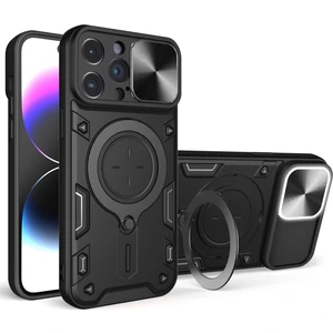 Forestl Digital Iphone 15 Pro Maks Slide Kamera Kapağı Pc+Tpu Anti-Drop Kapak Yüzüğü Kickstand Telefon Case-Black (Yurt Dışından)