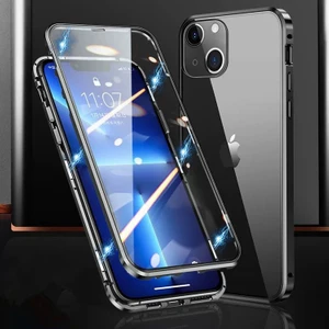 Forestl Digital İphone 15 Telefon Kasası Manyetik Metal Çerçeve+Çift Yan Temperli Cam Telefon Kasası Tam Koruma Net Telefon Kapak-Siyah (Yurt Dışından)