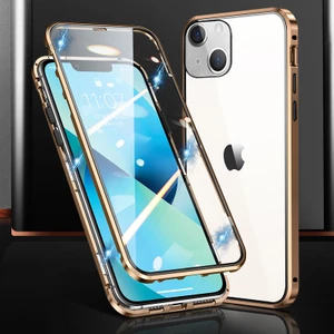 Forestl Digital İphone 15 Telefon Kasası Manyetik Metal Çerçeve+Çift Yan Temperli Cam Telefon Kasası Tam Koruma Net Telefon Kapağı Altın (Yurt Dışından)