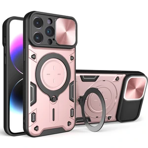 Forestl Digital Iphone 15 Pro Maks Slide Kamera Kapağı Pc+Tpu Anti-Drop Kapak Yüzüğü Kickstand Telefon Vaka-Pembe (Yurt Dışından)