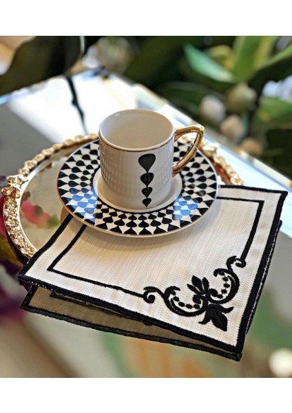 Köşeli Siyah 6'lı Kokteyl Kahve Sunum Peçetesi Maraş Işi Sırma Nakış Işlemeli Gardenya Sunumluk