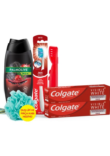 Diş Macunu 75 ml x2, Orta Diş Fırçası, Palmolive Men Duş Jeli 500 ml + Duş Lifi & Fırça Kabı indirimleri