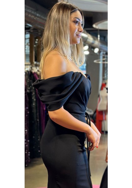 Madonna Yaka Krep Balık Uzun Abiye Elbise Siyah 7418 modelleri