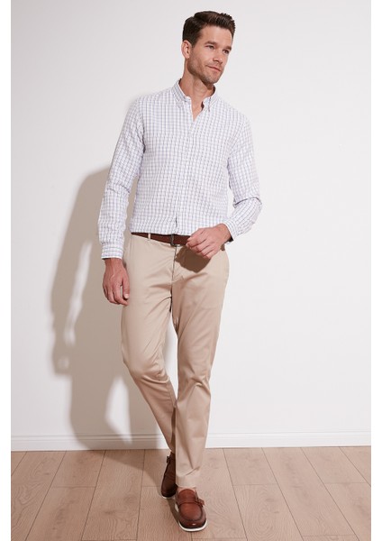Kareli Pamuk Karışımlı Düğmeli Yaka Uzun Kollu Slim Fit Gömlek Erkek Gömlek CF23S7497