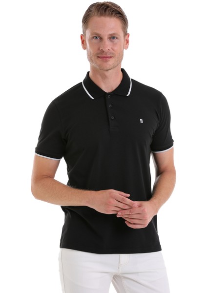 Siyah Regular Fit Düz 100% Pamuk Polo Yaka Tişört