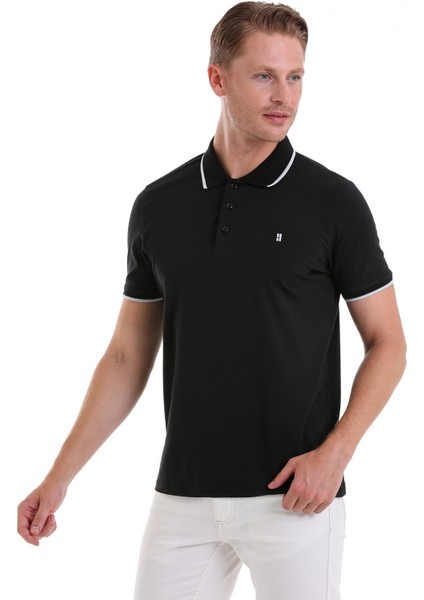 Siyah Regular Fit Düz 100% Pamuk Polo Yaka Tişört