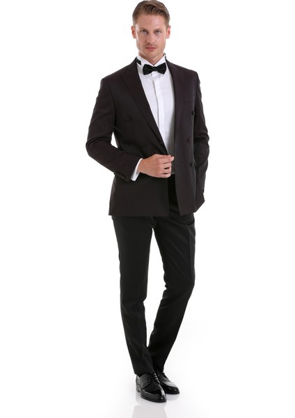 Bordo Slim Fit Düz Sivri Yaka Klasik Kruvaze Smokin Damatlık