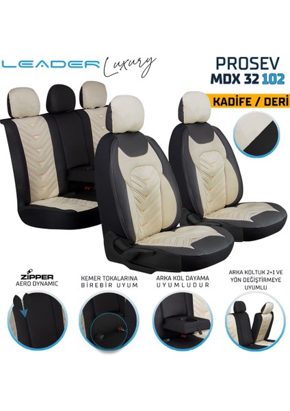 Bmw X3 Oto Koltuk Kılıfı 5'li Set Lüks Deri, Kadife Detaylı Prosev Model Bej Siyah