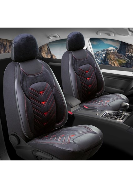 Bmw X3 Oto Koltuk Kılıfı 5'li Set Lüks Deri, Kadife Detaylı Prosev Model Siyah Kırmızı
