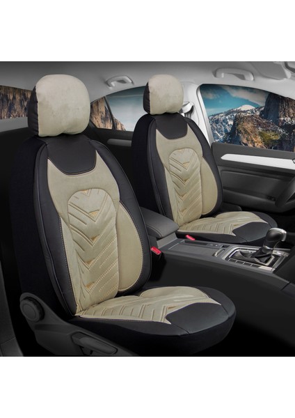 skoda Super B Oto Koltuk Kılıfı 5'li Set Lüks Deri, Kadife Detaylı Prosev Model Bej Siyah