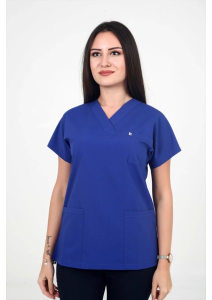 Kadın Likralı Yarasa Kol Saks Mavisi Renk Scrubs Tek Üst