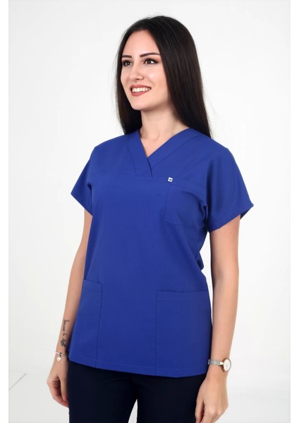 Kadın Likralı Yarasa Kol Saks Mavisi Renk Scrubs Tek Üst modelleri