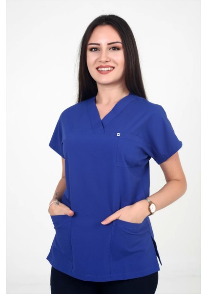 Kadın Likralı Yarasa Kol Saks Mavisi Renk Scrubs Tek Üst