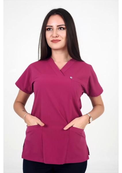 Kadın Likralı Yarasa Kol Fuşya Renk Scrubs Tek Üst
