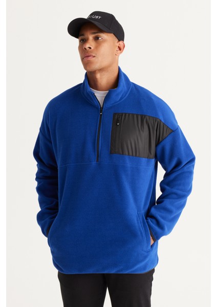 Erkek Saks Oversize Bol Kesim Dik Bato Yaka Cep Detaylı Fermuarlı Soğuk Geçirmez Polar Sweatshirt