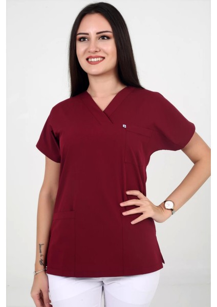 Deniz Iş Kadın Likralı Yarasakol Bordo Renk Scrubs Teküst