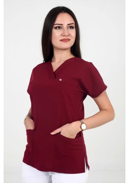Deniz Iş Kadın Likralı Yarasakol Bordo Renk Scrubs Teküst fiyatları