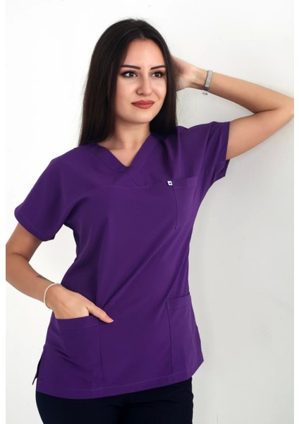 Deniz Iş Kadın Likralı Yarasakol Mor Renk Scrubs Teküst modelleri
