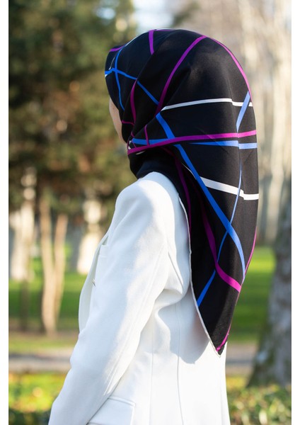 Twill İpek Eşarp Siyah, Fuşya, Saks-DGN5087