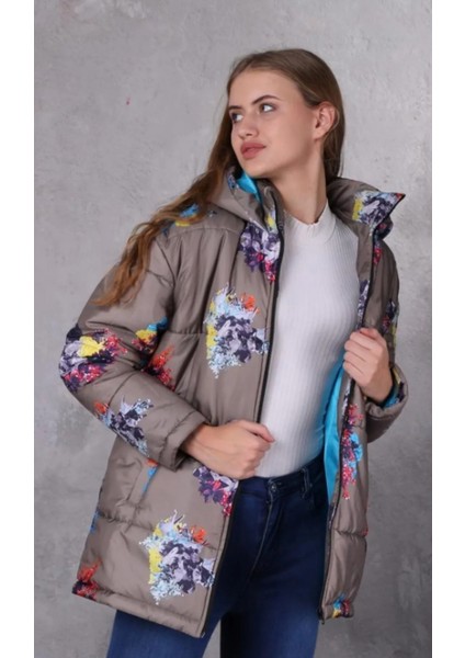 Farm Animals Oversize Retro Gate Dijital Art Puffer Mont Kadın