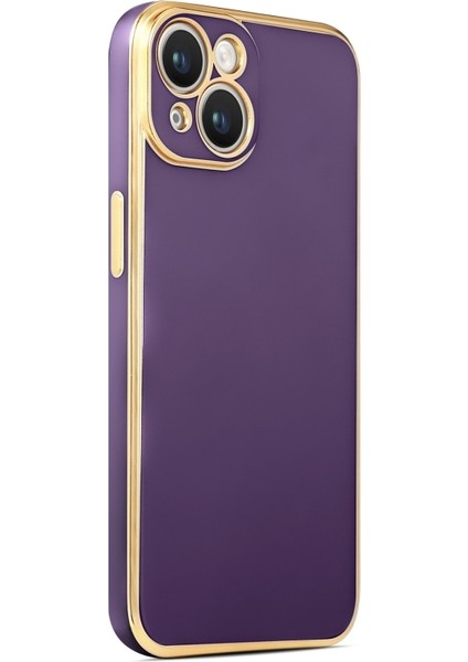 iPhone 14 Plus Parlak Yapılı ve Kenarları Altın Görünümlü Şık Bark Premium Silikon Kılıf