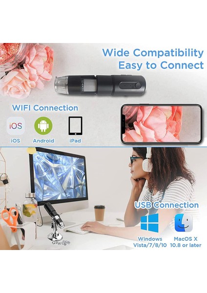 Barışhan Medikal Dijital Mikroskop 1000X Zoom Wifi USB Video Resim Kayıt 8 LED Işıklı Mikroskop