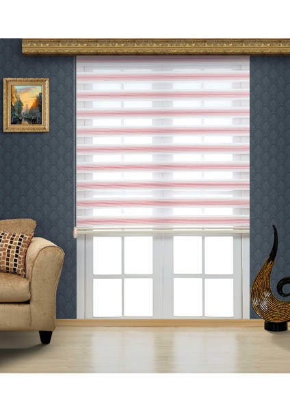 Lüx Dar Plise Renk Geçişli Zebra Stor Perde Alüminyum Kasalı Yüksek Kaliteli - Pembe, Beyaz