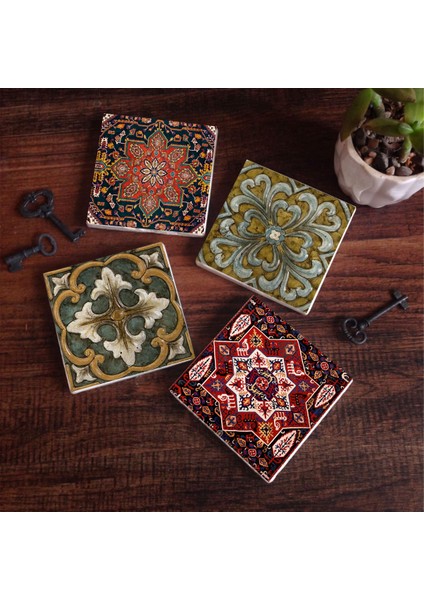 Stone Desen Taş Bardak Altlığı – 4’lü Set, 10x10 cm Dekoratif Masaüstü Koruyucu Doğaltaş Altlık |SC498|