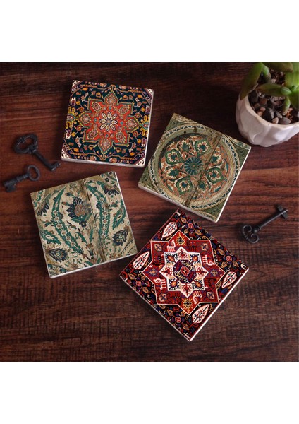 Stone Vintage Desen Taş Bardak Altlığı – 4’lü Set, 10x10 cm Dekoratif Masaüstü Koruyucu Doğaltaş Altlık |SC499|