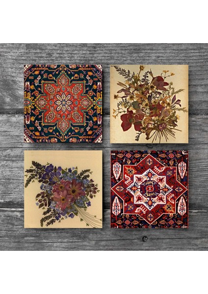 Vintage Çiçek, Desen Taş Bardak Altlığı Masaüstü Koruyucu Altlık 4 Parça Set 10x10cm Stone Coasters SC501 modelleri